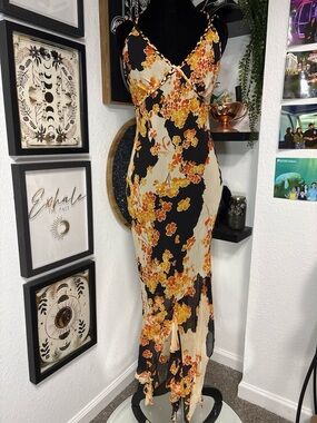 Vintage Nina Austin Y2K 90s Silk Slip Dress Beaded Floral Ruffle Maxi Gown Small